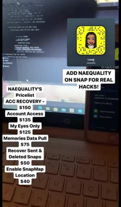 Contact @naequality on snapchat to order social media hacks for apps like snapchat, instagram, tiktok, onlyfans , twtter , facebook & more! Hit Our Telegram Group Link In The Comments!