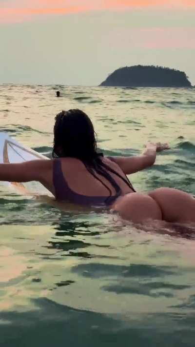 Surfing in a Purple Thong One-Piece Bathing Suit (Inna Aminova IG Clip)