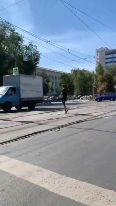 Cool kid stopped on the crosswalk, Chad walks over