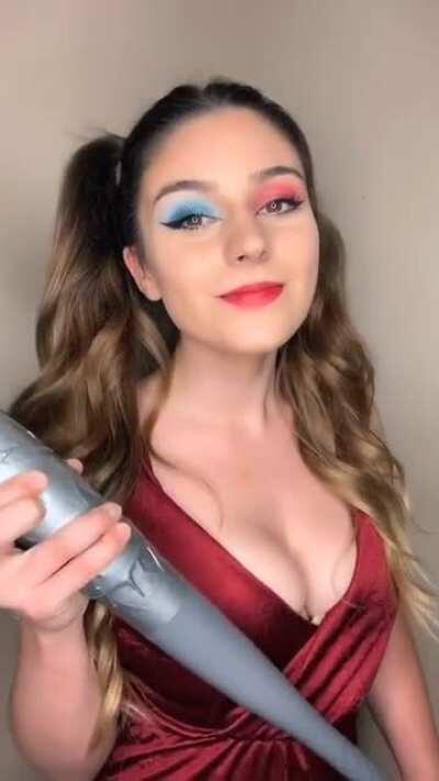 Harley walking in the Club, ready to use her bat if someone hits on her. Hopefully she'll still try to do closet or OC cosplays around the others.