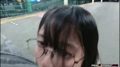 Amateur Japanese Girl Flashing Her Tits Before Giving A Blowjob On A Train Platform