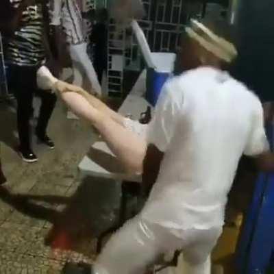 She was ready for him! That table on the other hand ..