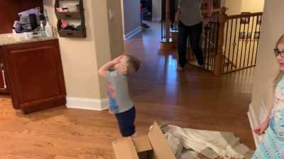 One of his bday presents showed up a week late. I’ve been telling him it’s raisins. Took the present out and put raisins in