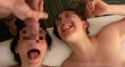 I had my friend join hubby and I for a threesome. Her favorite part was trying to catch his cum in her mouth 🤤 [MFF]