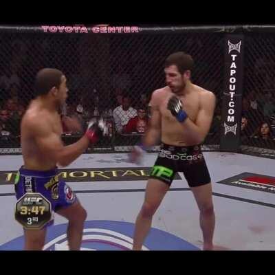 José Aldo showing the importance of kicking in MMA, and getting your leg back down quickly after it lands.