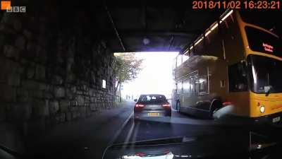 WCGW trying to cut time by going through a bridge not designed for double decker buses