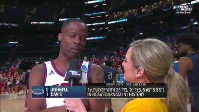 FAU's Johnell Davis accidentally swears in his post game interview and intervewer Jamie Erdahl responds with 