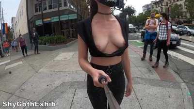 Skimpy top at a busy crosswalk! (f)