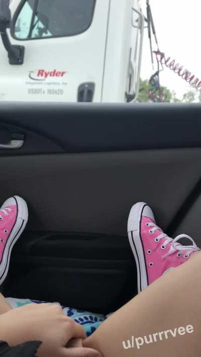 Exposing Her Furry Snatch On The Road