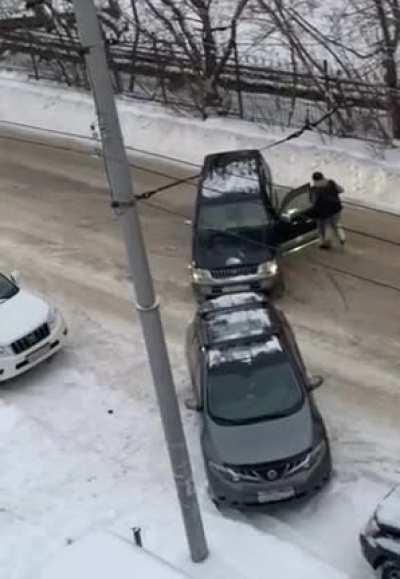 This car prevented him from driving onto the sidewalk and parking there.