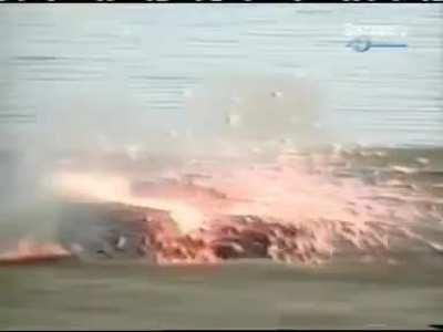 Swedish Centurion is cooking off while driving after being hit in by a Bill2 anti-tank missile.