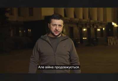 Zelenskyy addresses in English: “I ask you to stand against the war. Starting from March 24th […], come from your offices, your homes, your schools and universities. Come in the name of peace. Come with Ukranian symbols.”