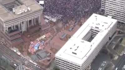 An aerial view of the MASSIVE protest today in Boston, MA for the “Hands Off!” movement against Elon Musk and Donald Trump