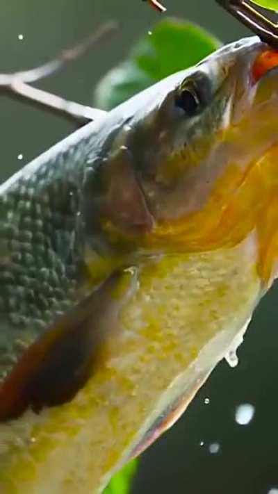 Fish jumping out of water for fruit