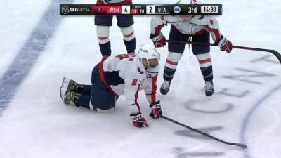Ovechkin goes down and needs to be helped off the ice
