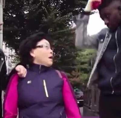 Poor guy just wanted to scare the lady with his Iron Man mask