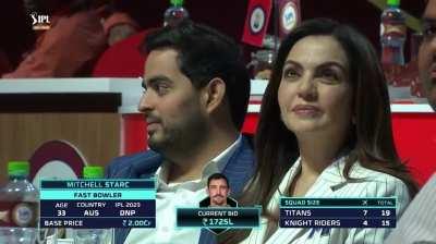 The Bidding War for Mitchell Starc in IPL Auction 2024, sold to KKR for 24.75 Cr, the highest in the history of IPL.