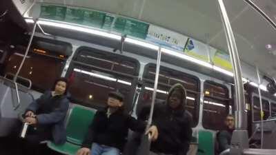 Crazy lady maced on a bus