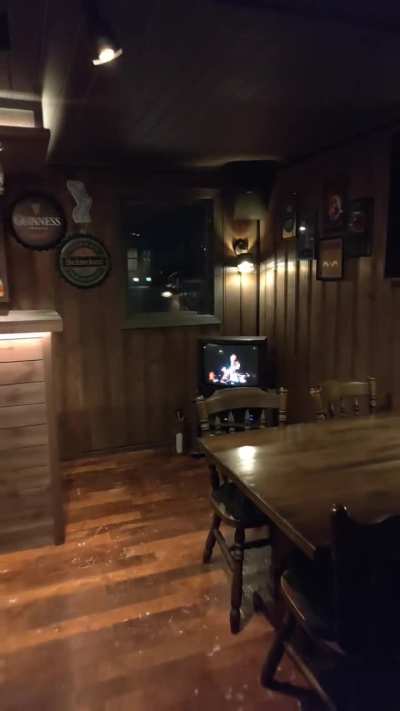 GoldStar CRT as a fireplace my garage bar