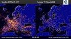 Snapshot of what the air traffic looked like Sunday, 29 March 2020, compared to Sunday 31 March 2019