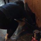 Thick girl has a difficult time squeezing through a hole