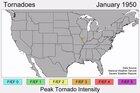 Track and Peak Intensity of US Tornadoes, 1950-2017 [OC]