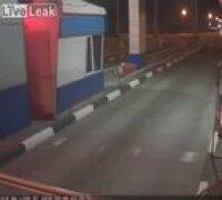 Truck destroyed in toll booth crash