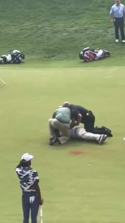 Just Stop Oil protestors just rushed the 18th green of the travelers championship. They have all been arrested.
