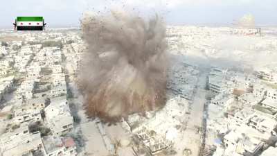 Opposition engineers highlight their tunneling operations underneath SAA positions before filming the tunnel bombing via drone - 2017