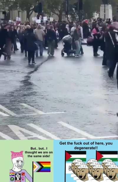 A man with a LGBTQA+ flag joining a pro-Palestinian protest in London, only to get attacked and chased down by a bunch of Muslim protesters.
