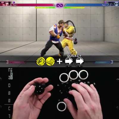 Drive Rush on Stick - This is the basic input. For more speed, start inputting the first Forward input right before pressing MP+MK.