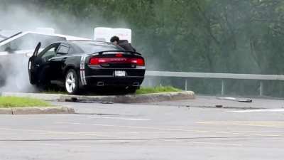 Teens freakout when they jump the curb, set on fire and almost take out a charging station when they decide to do some drifts in the burbs