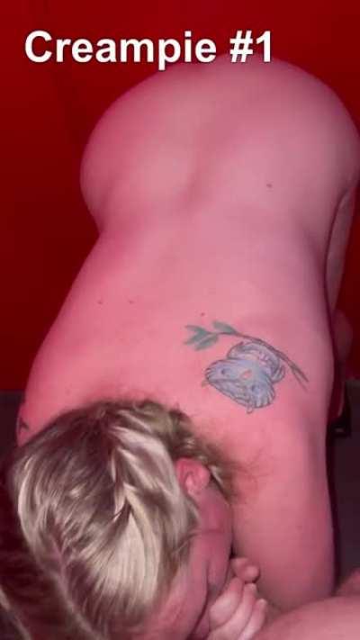 Hotwife gets three creampies at the gloryhole while boyfriend watches