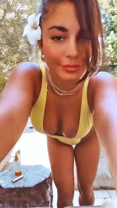 Vanessa and her sexy Sexy cleavage in a yellow one piece swimsuit