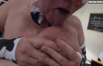 My kitty makes Daddy happy when she plays with her hucow udders