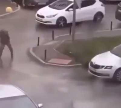 Trying to cross a puddle