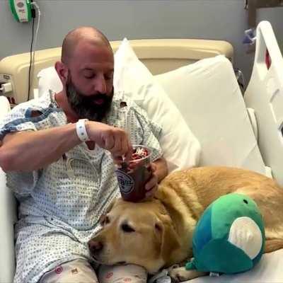 This man was hospitalized and his dog was supporting him at all times