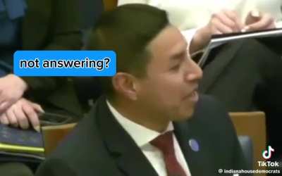 Indiana Democrat Rep. Ed DeLaney questioning Secretary of State Diego Morales about his hiring of relatives for high salaries and no-bid contracts awarded to his campaign donors.