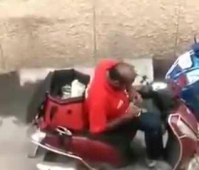 Delivery guys taste tests food before delivering