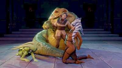 Oola, Ahsoka and Leia, dressed in the Boushh outfit, enslaved by Jabba (PN34)