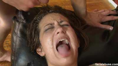 Taking turns to dump cum on a busty whore and she hates it!