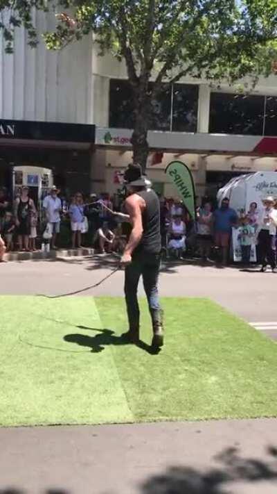 Who needs a drumset? This guy plays AC/DC on a couple of bullwhips.