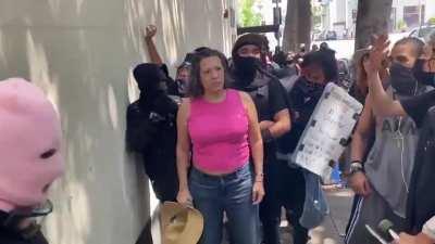 Antifa mob attacked a woman protesting peacefully outside Wi Spa while defending a repeat sex offender who exposed a penis to women and young girls and has recently been charged with indecent exposure