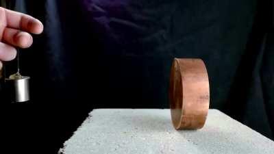 Copper isn’t magnetic but creates resistance in the presence of a strong magnetic field, resulting in dramatically stopping the magnet before it even touches the copper.