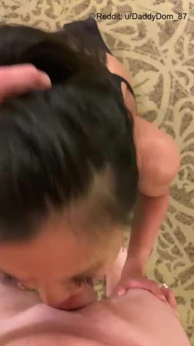 A little leash + throat training for my submissive and obedient Asian wifey. Isn’t she a good girl 😇? [OC]