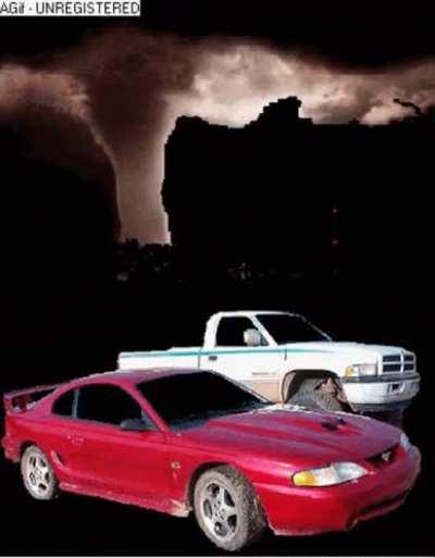 1994-2001 Dodge Ram and 1994-1998 Ford Mustang behind a tornado for some reason.