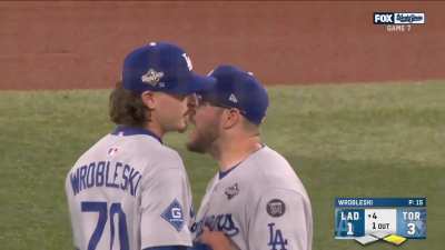 Benches clear during game 7 of the World Series after a HBP