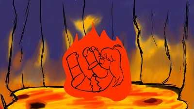 Miko falls in lava and dies. (Animation)