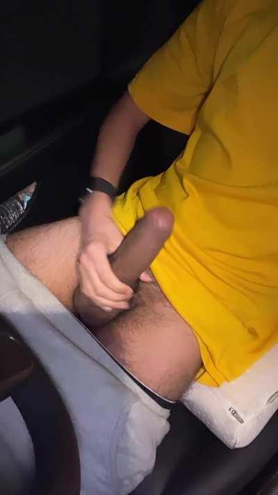 Playing with my thick Filipino uncut cock in my car hoping to get caught