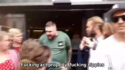 Vegan protestors vs hungry man